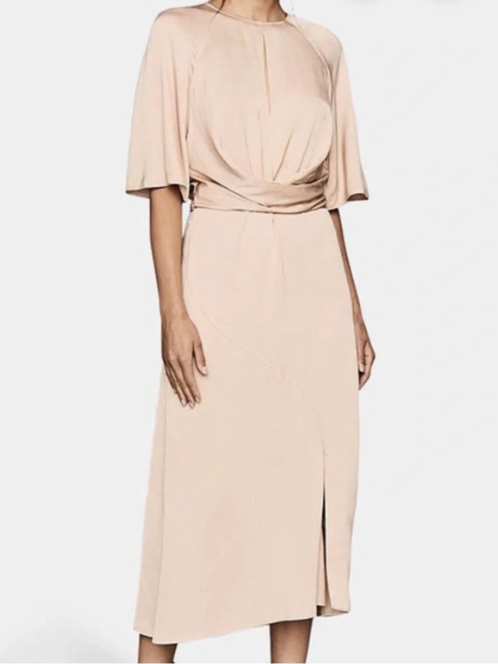 Reiss  Blush/Taupe Midi Dress with Draped Waist